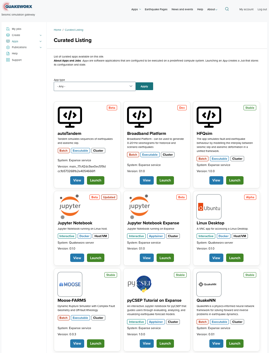 Quakeworx App Store showing domain-specific earthquake simulation tools